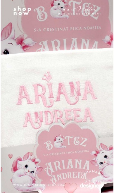 Trusou de botez roz brodat inspirat din desenul animat Pisicile Aristocrate cu pisica Marie 6